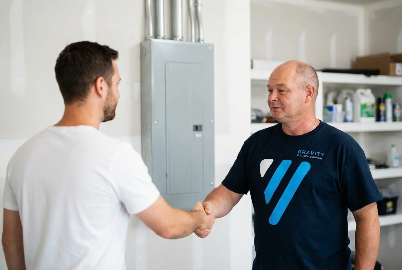 Gravity electrician shaking hands with a homeowner beside a new panel